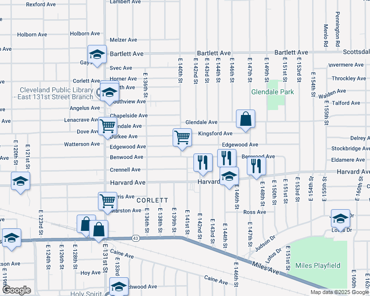 map of restaurants, bars, coffee shops, grocery stores, and more near 14117 Benwood Avenue in Cleveland
