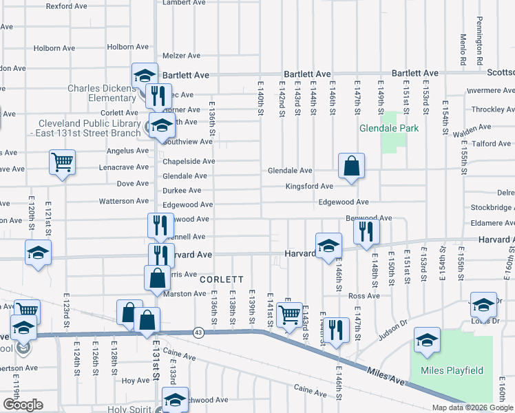 map of restaurants, bars, coffee shops, grocery stores, and more near 13905 Benwood Avenue in Cleveland
