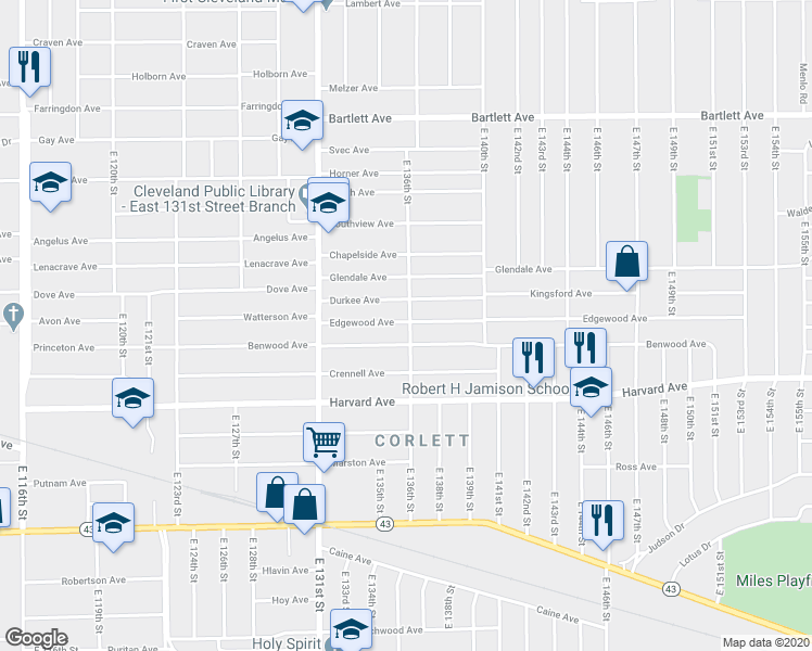 map of restaurants, bars, coffee shops, grocery stores, and more near 13507 Benwood Avenue in Cleveland