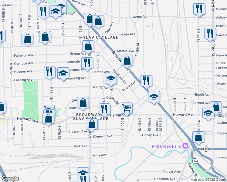 map of restaurants, bars, coffee shops, grocery stores, and more near 7427 Ottawa Road in Cleveland