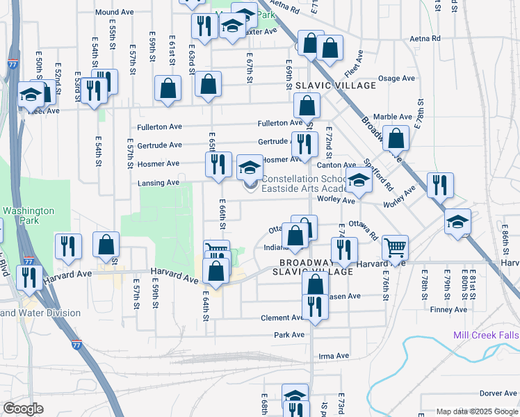 map of restaurants, bars, coffee shops, grocery stores, and more near 6726 Worley Avenue in Cleveland