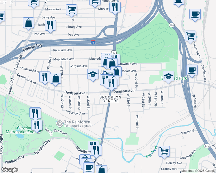 map of restaurants, bars, coffee shops, grocery stores, and more near in Cleveland
