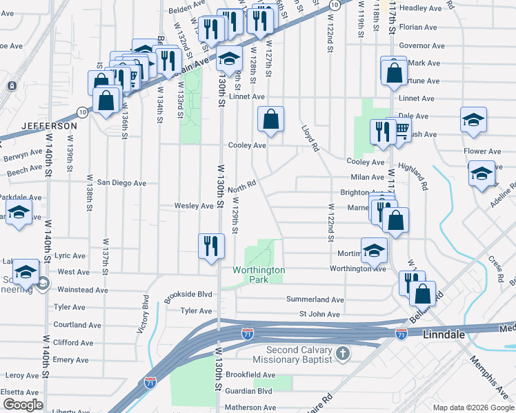 map of restaurants, bars, coffee shops, grocery stores, and more near 3742 West 128th Street in Cleveland