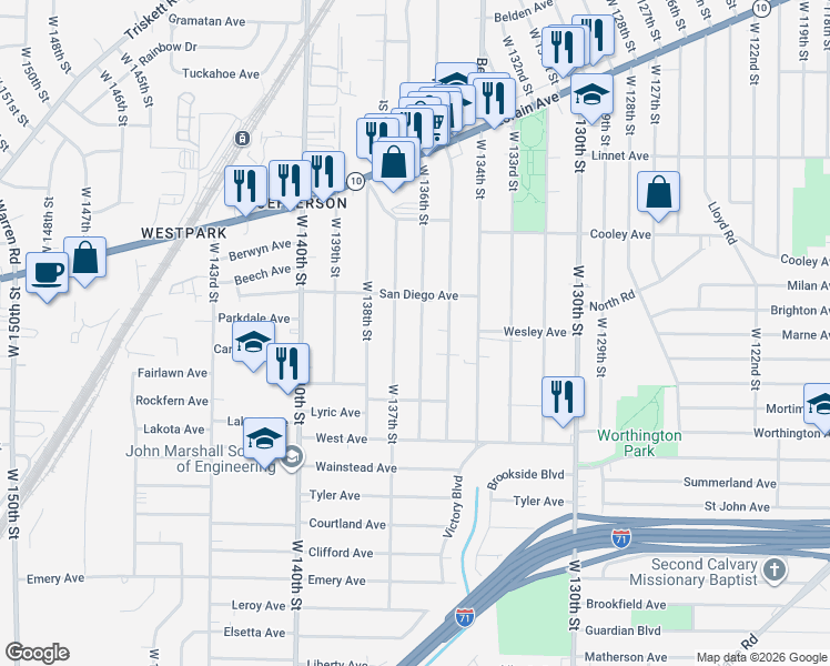 map of restaurants, bars, coffee shops, grocery stores, and more near 3800 West 136th Street in Cleveland