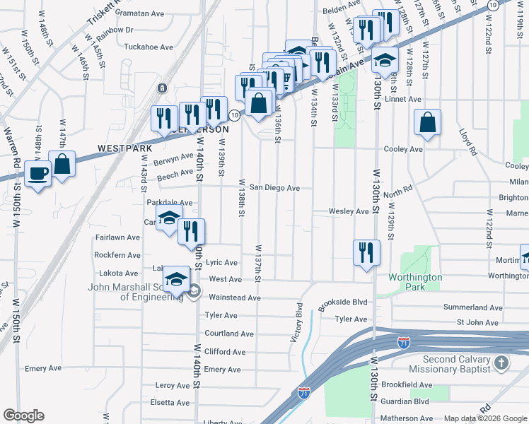 map of restaurants, bars, coffee shops, grocery stores, and more near 3800 West 136th Street in Cleveland