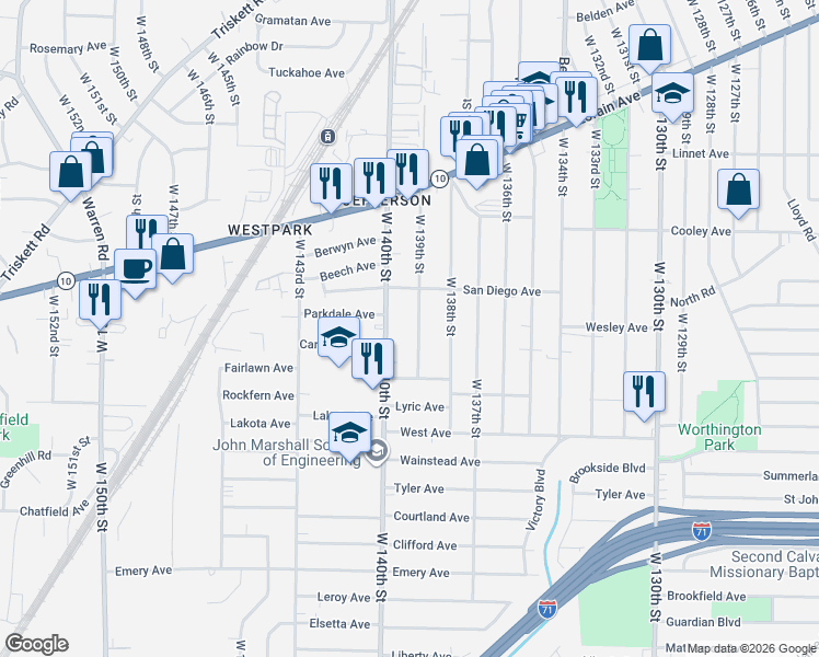 map of restaurants, bars, coffee shops, grocery stores, and more near 3753 West 139th Street in Cleveland