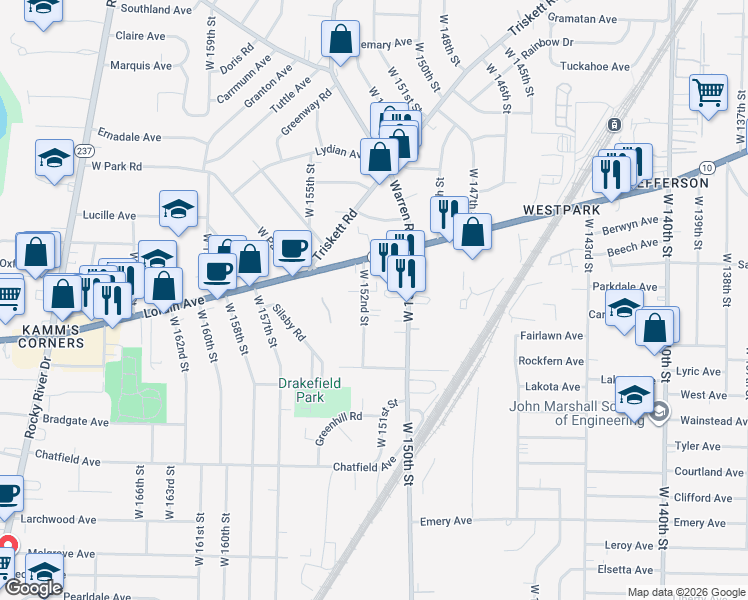 map of restaurants, bars, coffee shops, grocery stores, and more near 3809 West 152nd Street in Cleveland