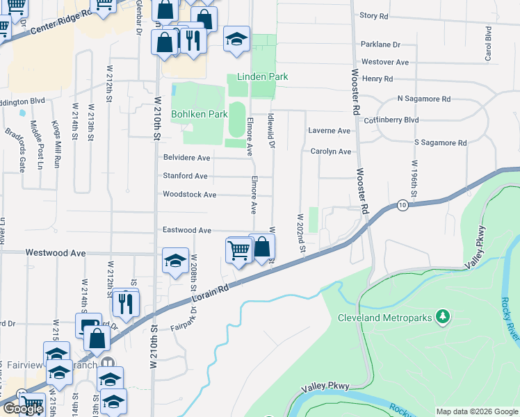 map of restaurants, bars, coffee shops, grocery stores, and more near 4174 West 204th Street in Fairview Park