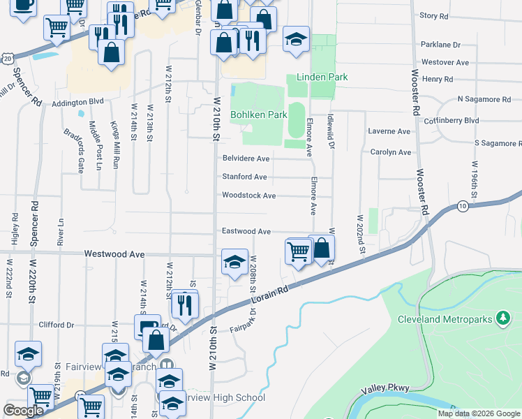 map of restaurants, bars, coffee shops, grocery stores, and more near 20799 Northwood Avenue in Fairview Park