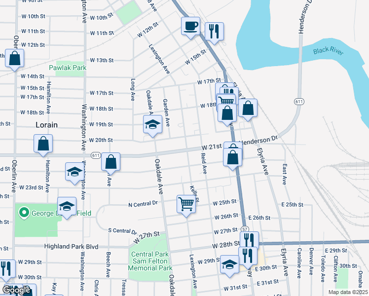 map of restaurants, bars, coffee shops, grocery stores, and more near 323 Ohio 611 in Lorain
