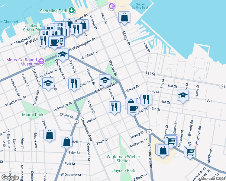 map of restaurants, bars, coffee shops, grocery stores, and more near 407 Reese Street in Sandusky