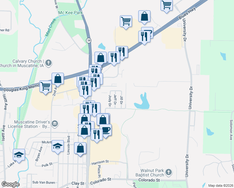 map of restaurants, bars, coffee shops, grocery stores, and more near 2-26 Jill Drive in Muscatine