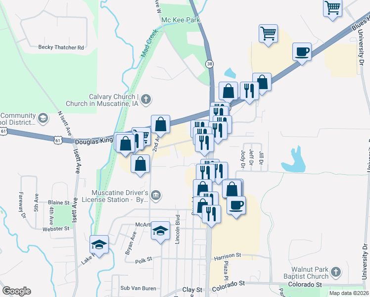 map of restaurants, bars, coffee shops, grocery stores, and more near 2424 Park Avenue in Muscatine