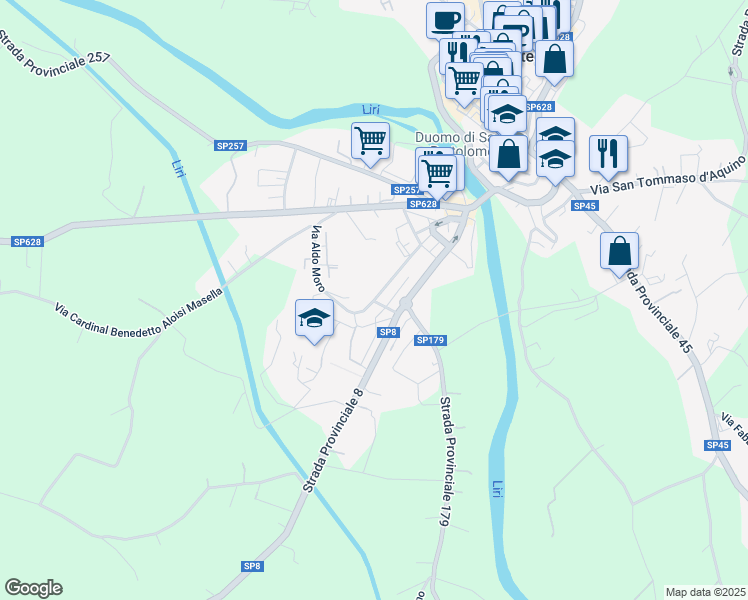 map of restaurants, bars, coffee shops, grocery stores, and more near 172 Via Aldo Moro in Pontecorvo