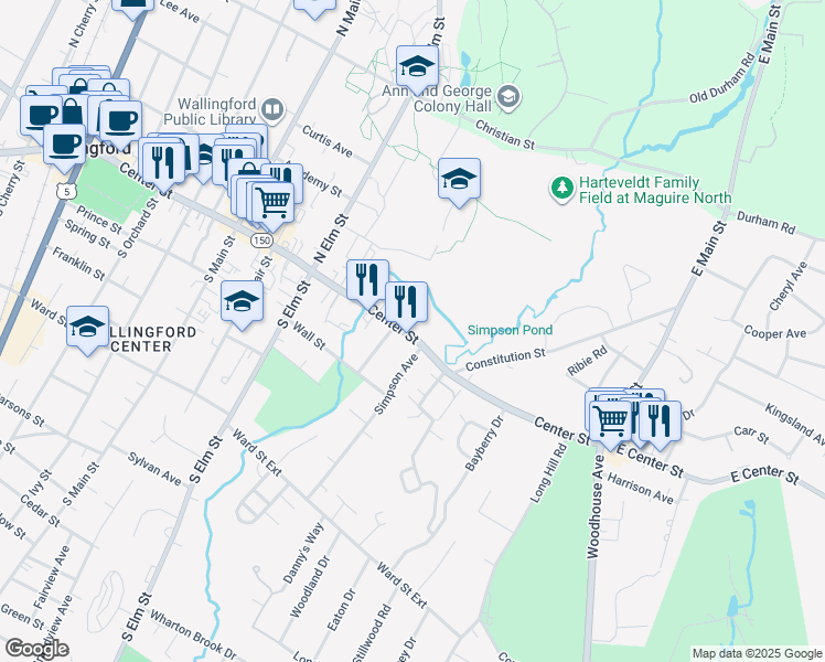 map of restaurants, bars, coffee shops, grocery stores, and more near 623 Center Street in Wallingford