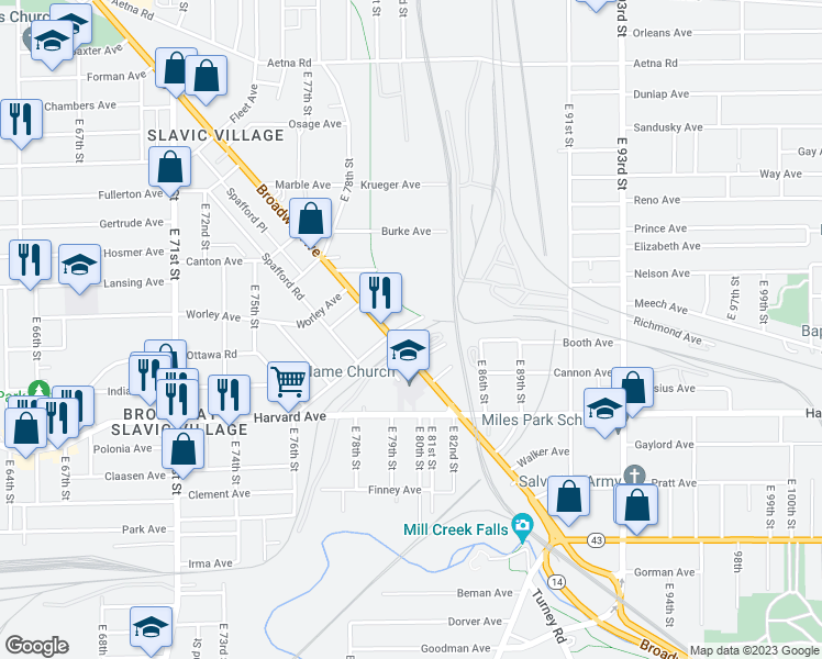 map of restaurants, bars, coffee shops, grocery stores, and more near 8143 Broadway Avenue in Cleveland