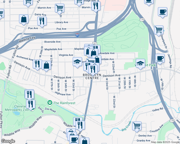map of restaurants, bars, coffee shops, grocery stores, and more near in Cleveland