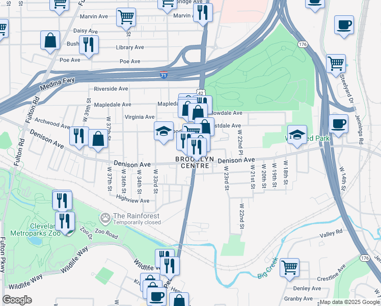 map of restaurants, bars, coffee shops, grocery stores, and more near in Cleveland