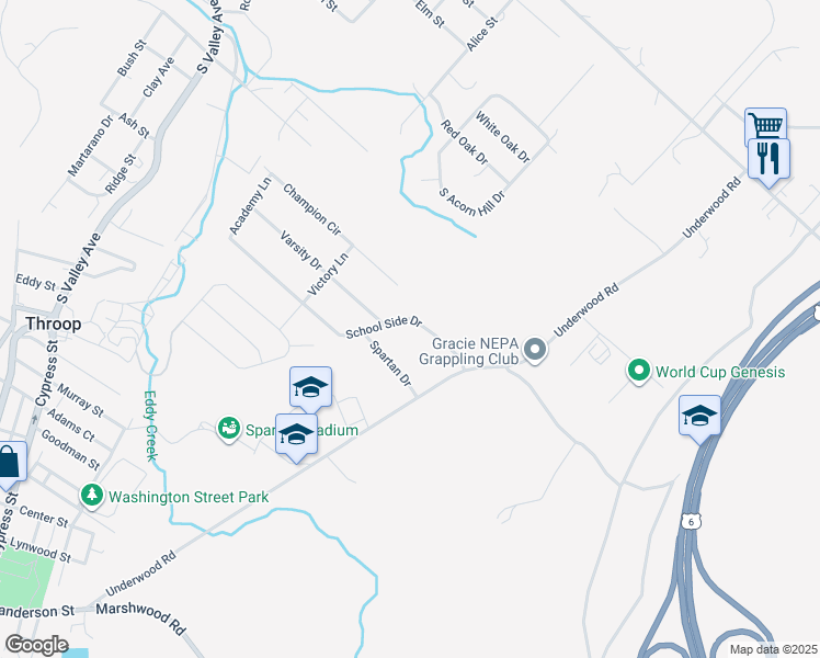 map of restaurants, bars, coffee shops, grocery stores, and more near 201 School Side Drive in Throop