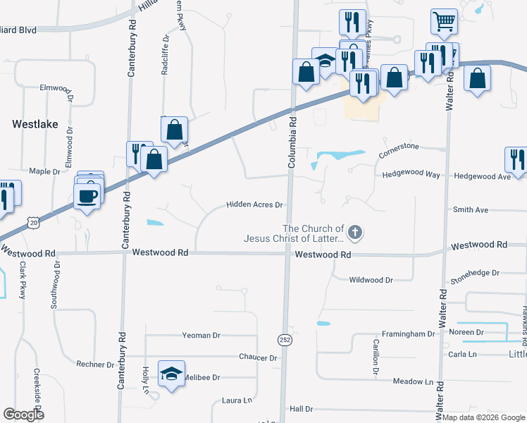 map of restaurants, bars, coffee shops, grocery stores, and more near 25615 Hidden Acres Drive in Westlake