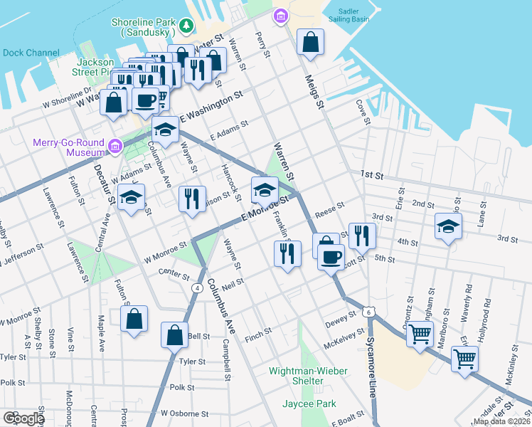 map of restaurants, bars, coffee shops, grocery stores, and more near 328 East Monroe Street in Sandusky
