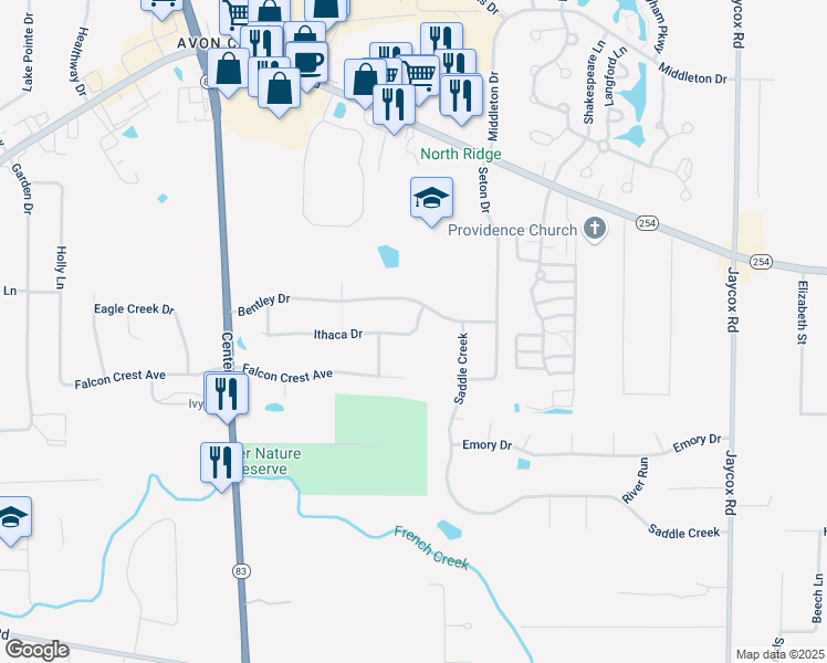 map of restaurants, bars, coffee shops, grocery stores, and more near 35653 Ithaca Drive in Avon