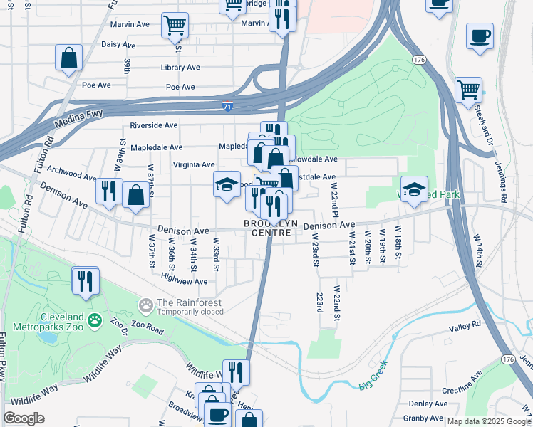 map of restaurants, bars, coffee shops, grocery stores, and more near 3804 Pearl Road in Cleveland