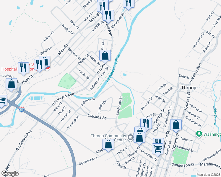 map of restaurants, bars, coffee shops, grocery stores, and more near 208 Sanderson Street in Throop