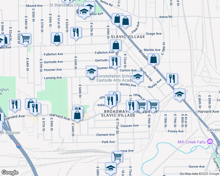 map of restaurants, bars, coffee shops, grocery stores, and more near 7002 Worley Avenue in Cleveland