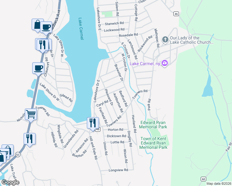 map of restaurants, bars, coffee shops, grocery stores, and more near 28 Ashburton Road in Carmel Hamlet