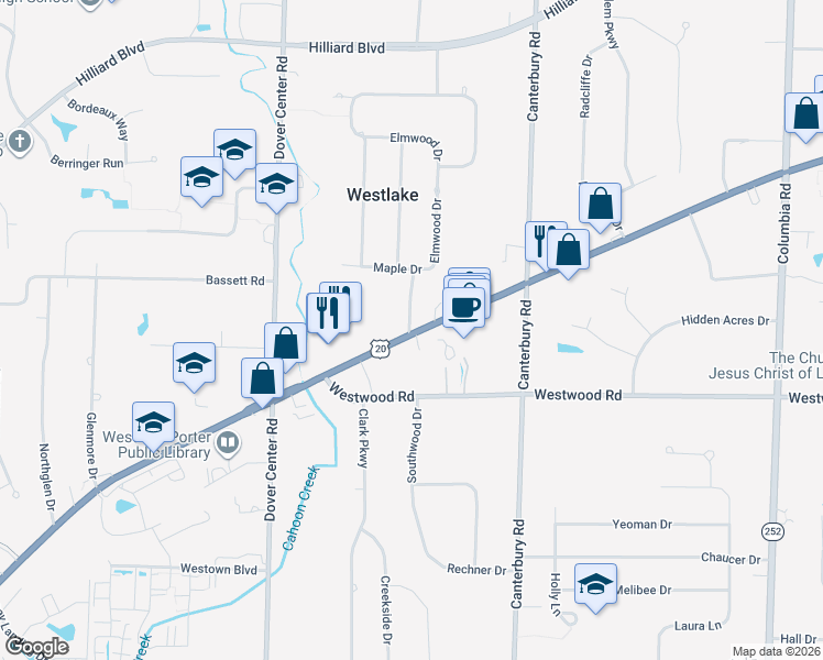 map of restaurants, bars, coffee shops, grocery stores, and more near 26695 Center Ridge Road in Westlake