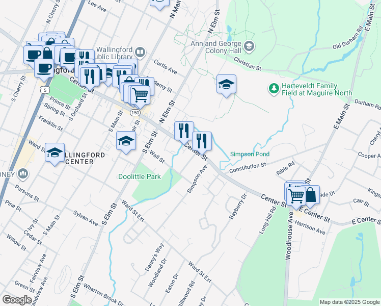 map of restaurants, bars, coffee shops, grocery stores, and more near 19 Pomeroy Avenue in Wallingford