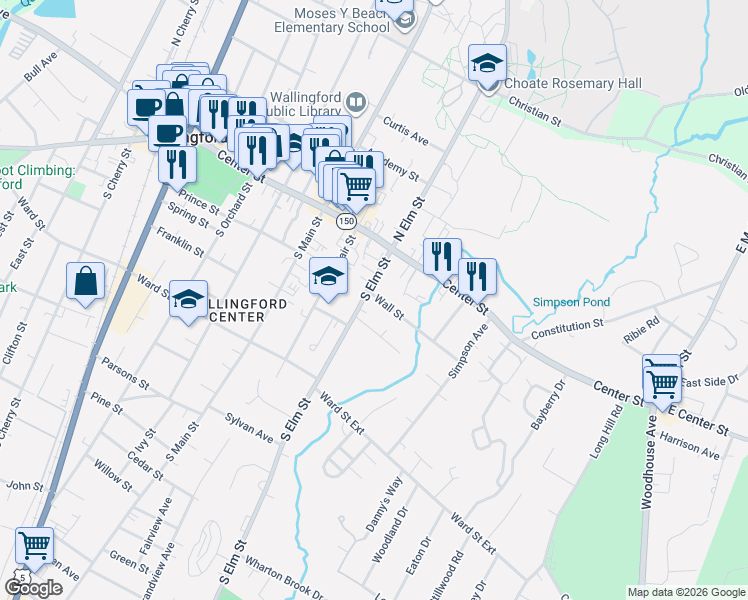 map of restaurants, bars, coffee shops, grocery stores, and more near 11 Wall Street in Wallingford