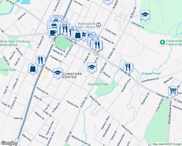 map of restaurants, bars, coffee shops, grocery stores, and more near 81 South Elm Street in Wallingford
