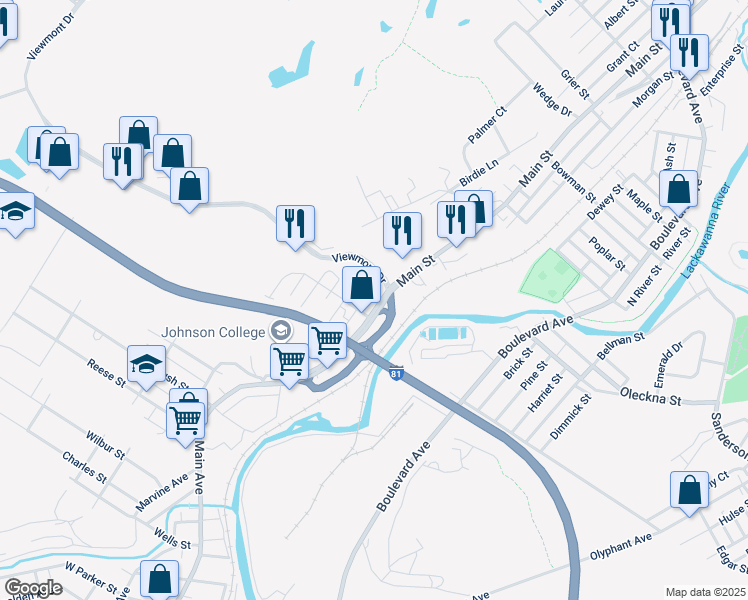map of restaurants, bars, coffee shops, grocery stores, and more near 237 Main Street in Dickson City
