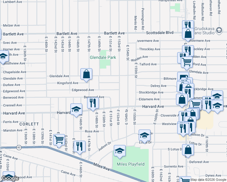 map of restaurants, bars, coffee shops, grocery stores, and more near 3982 East 153rd Street in Cleveland