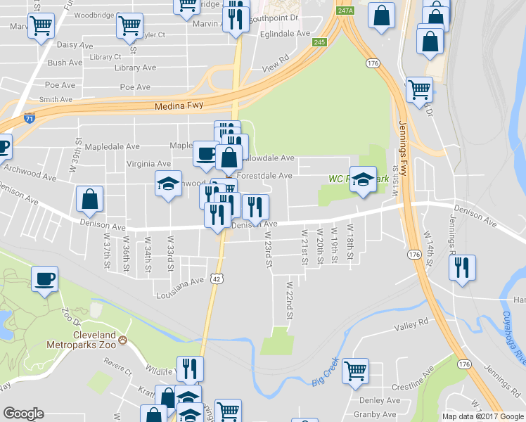 map of restaurants, bars, coffee shops, grocery stores, and more near 2230 Denison Avenue in Cleveland
