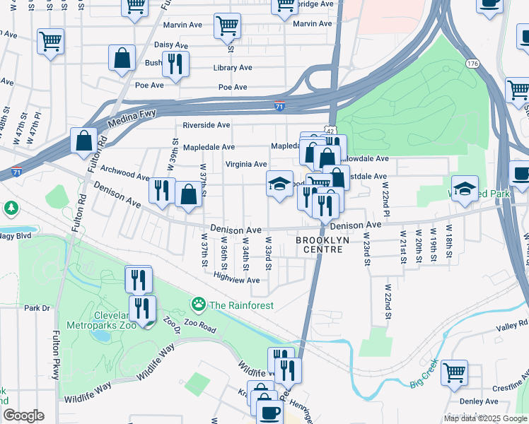 map of restaurants, bars, coffee shops, grocery stores, and more near 3294 Denison Avenue in Cleveland
