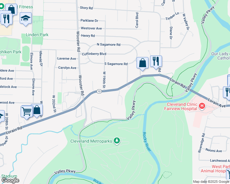 map of restaurants, bars, coffee shops, grocery stores, and more near 4430 South Valley Drive in Fairview Park