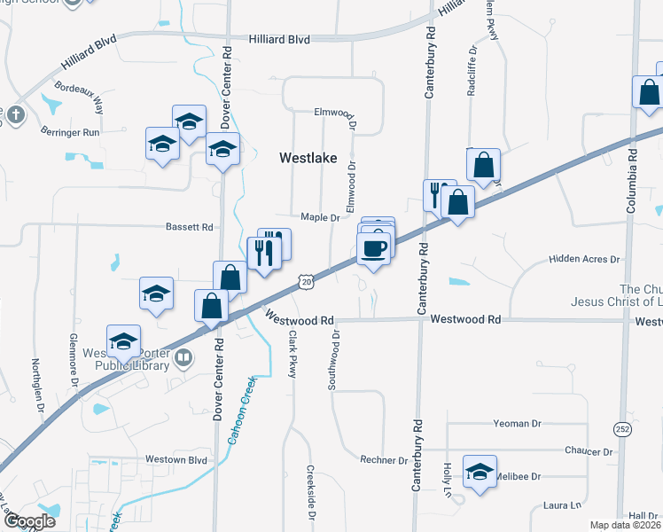map of restaurants, bars, coffee shops, grocery stores, and more near 26695 Center Ridge Road in Westlake