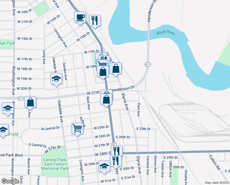 map of restaurants, bars, coffee shops, grocery stores, and more near 2115 Broadway in Lorain