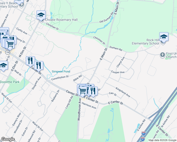 map of restaurants, bars, coffee shops, grocery stores, and more near 114 East Main Street in Wallingford