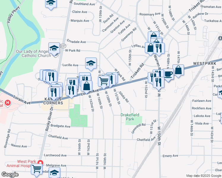 map of restaurants, bars, coffee shops, grocery stores, and more near 3823 West 158th Street in Cleveland
