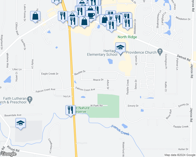 map of restaurants, bars, coffee shops, grocery stores, and more near 35972 Ithaca Drive in Avon