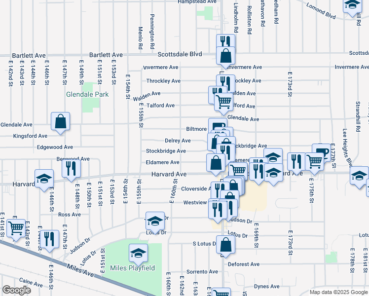 map of restaurants, bars, coffee shops, grocery stores, and more near 16102 Stockbridge Avenue in Cleveland