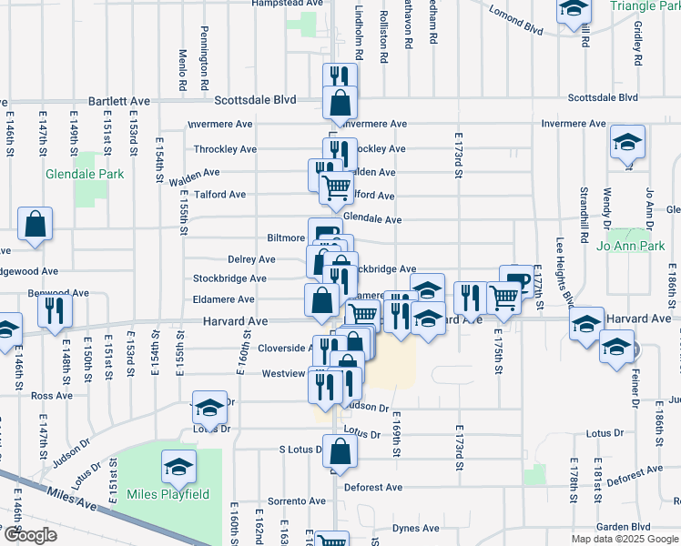 map of restaurants, bars, coffee shops, grocery stores, and more near 16515 Eldamere Avenue in Cleveland