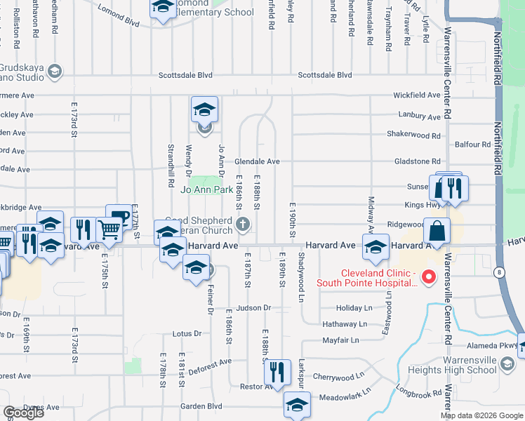 map of restaurants, bars, coffee shops, grocery stores, and more near 3993 East 188th Street in Cleveland