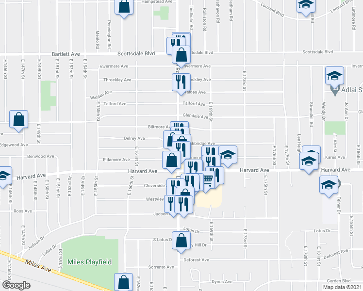 map of restaurants, bars, coffee shops, grocery stores, and more near 3965 Lee Road in Cleveland