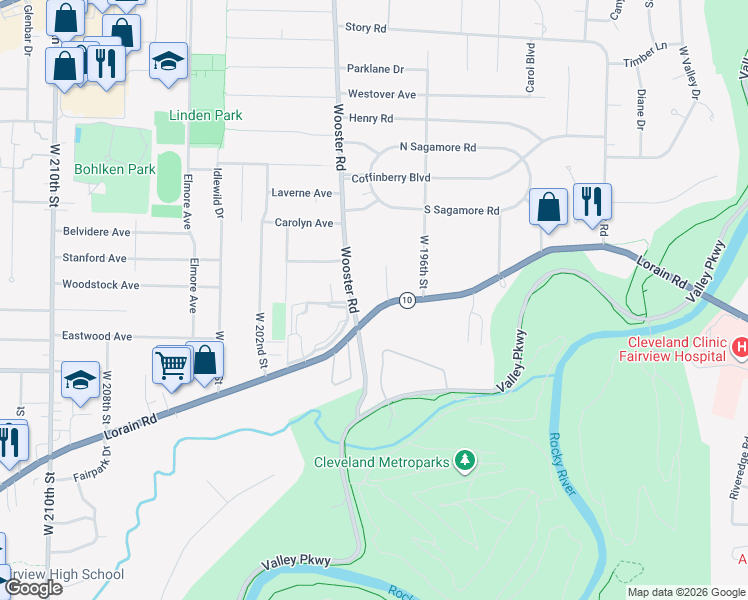 map of restaurants, bars, coffee shops, grocery stores, and more near 19790 Lorain Road in Fairview Park