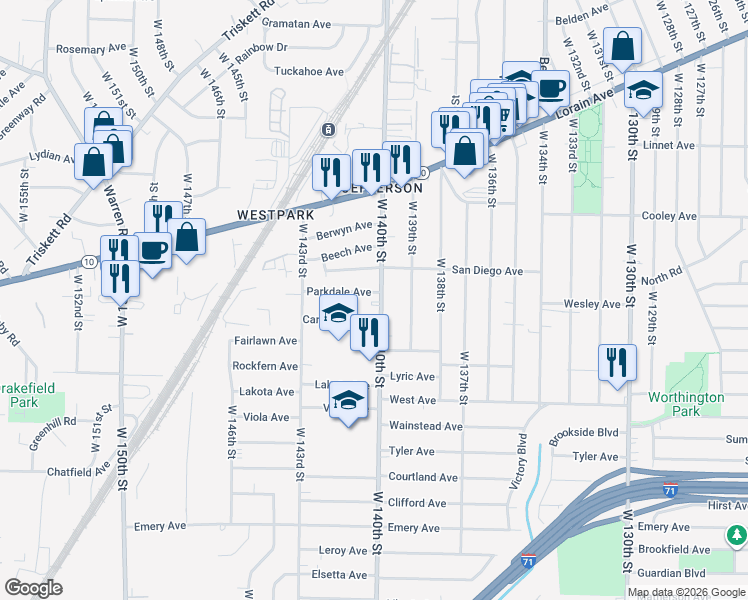 map of restaurants, bars, coffee shops, grocery stores, and more near 3746 West 140th Street in Cleveland